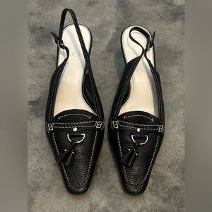 Cole Haan Black Leather Tassel Slingback Heel Shoes Sz 9 1/2